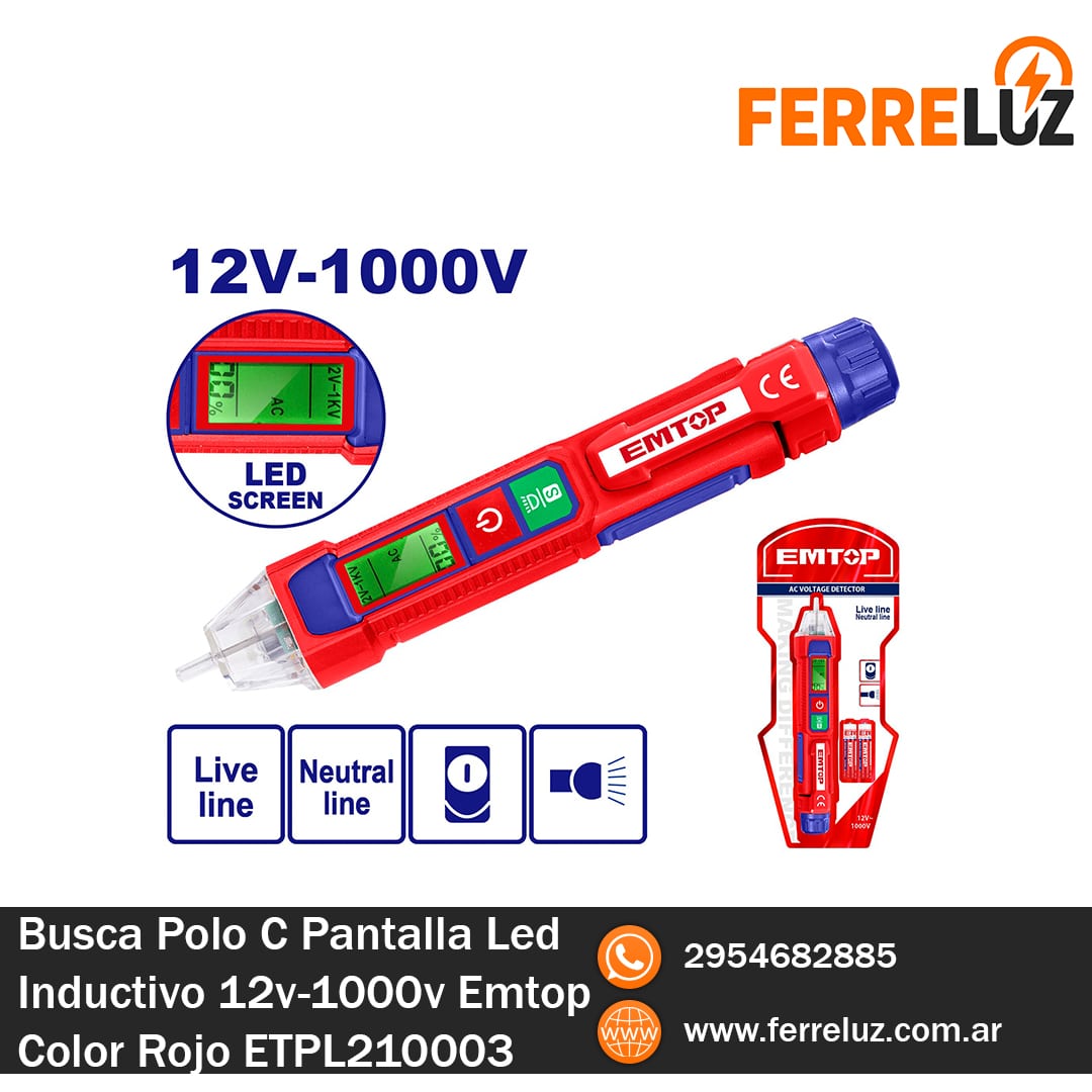Busca Polo C/Pantalla Led Inductivo 12v-1000v Emtop Color Rojo ETPL210003